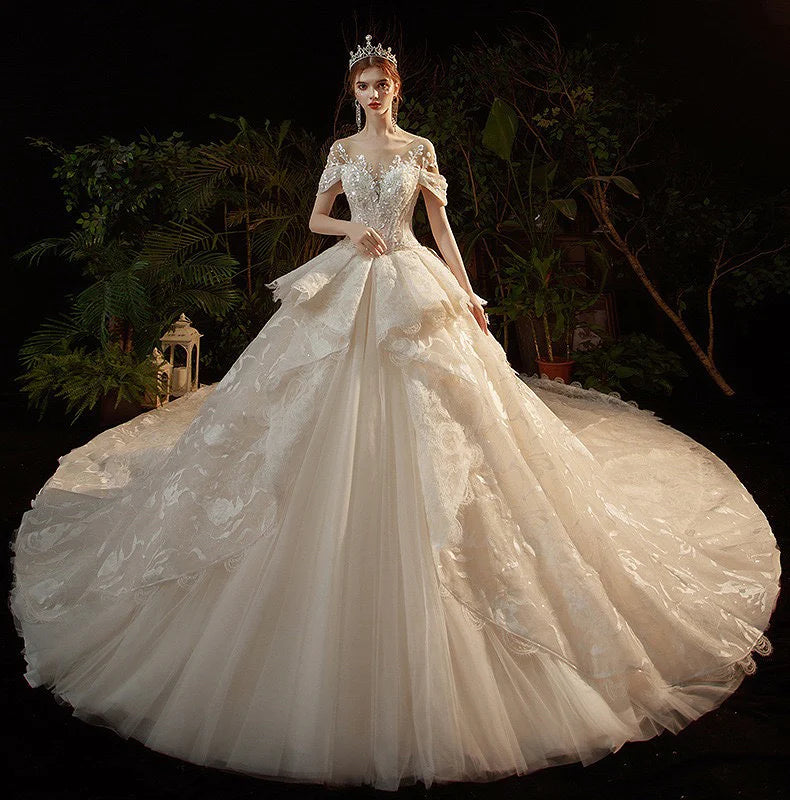 O-Neck Illusion Long Sleeve Brilliant Embroidery Lace Sequins Beading Bridal Gowns With Train