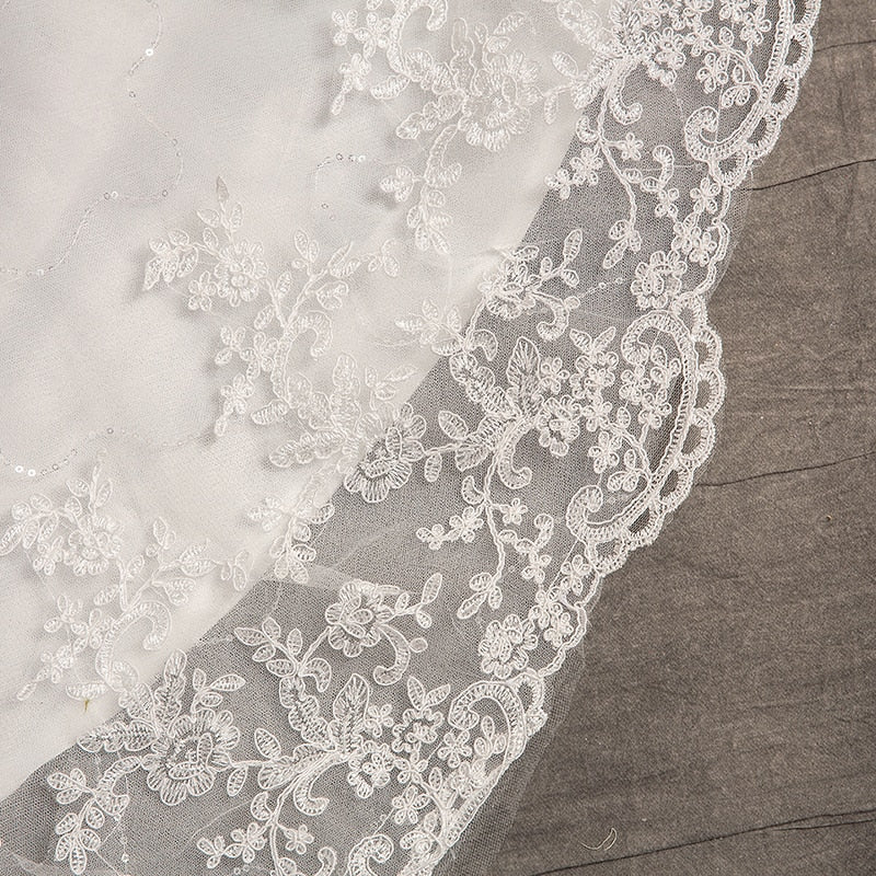 Lace Embroidery Half Sleeve Wedding Dresses Long Train Wedding Gown Belt V Neck Elegant