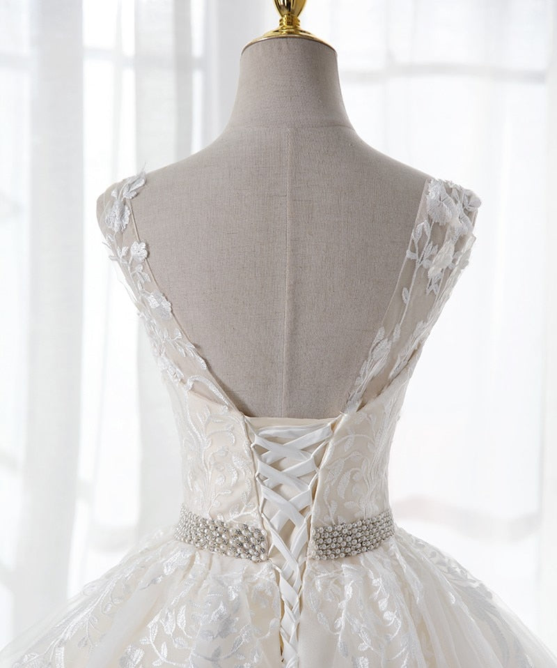 Champagne Wedding Dress With Trian Sexy V-neck Bridal Dress Backless Ball Gown