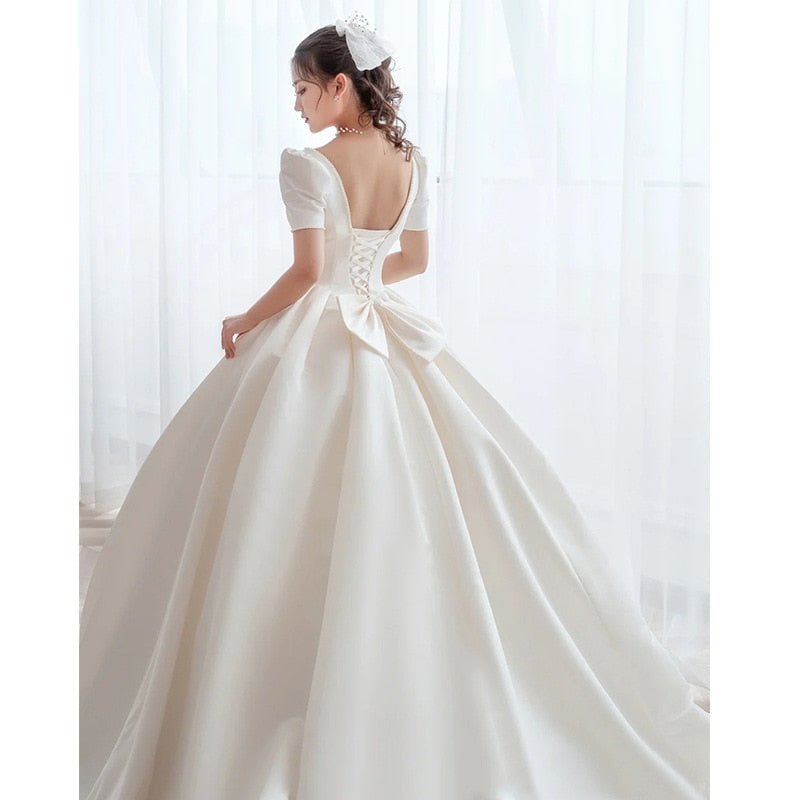Luxury Satin Wedding Dress Pure White With Train Simple Bridal Ball Gown Custom Made