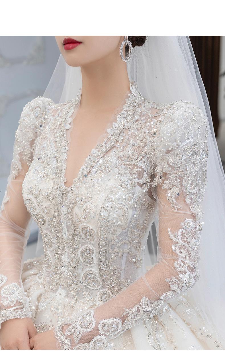 Long Sleeved Winter V Neck Luxury Long Sweep Train Beading Princes Wedding Gown