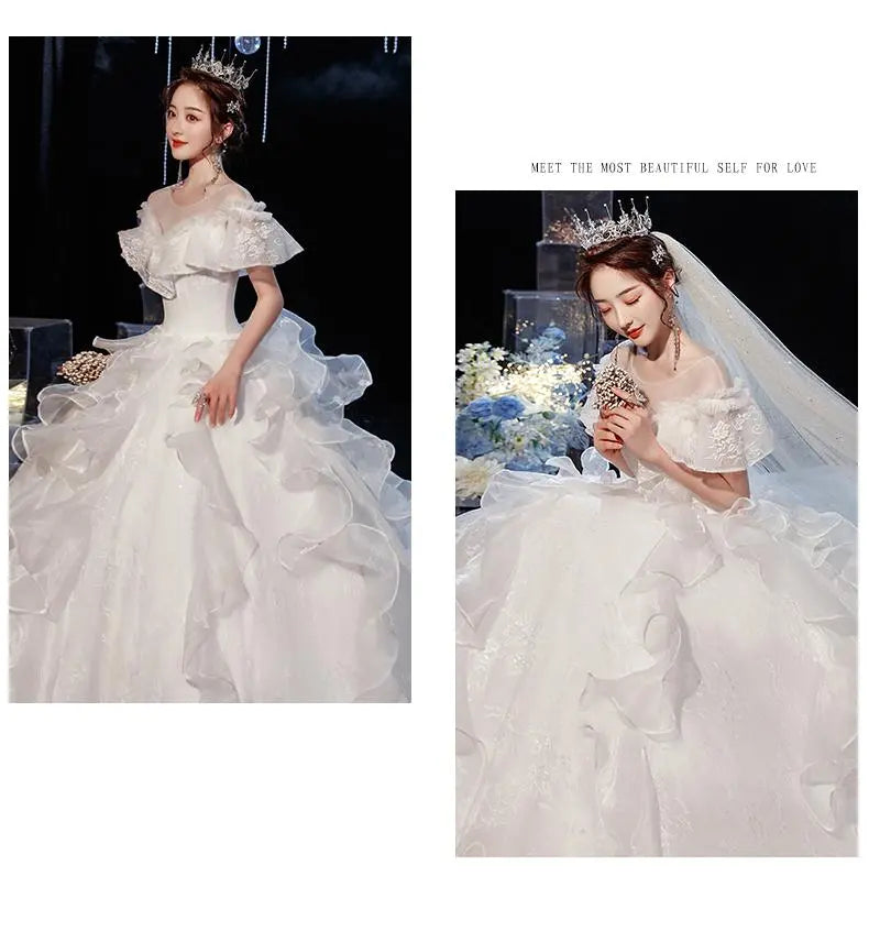 Luxury Lace Wedding Gown With Train Ball Gown Classic Cap Sleeve