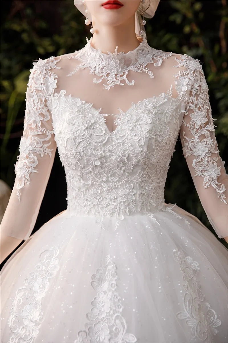 Luxury Lace Embroidery Vintage High Neck three Quarter Sequined Royal Train Bridal Gown