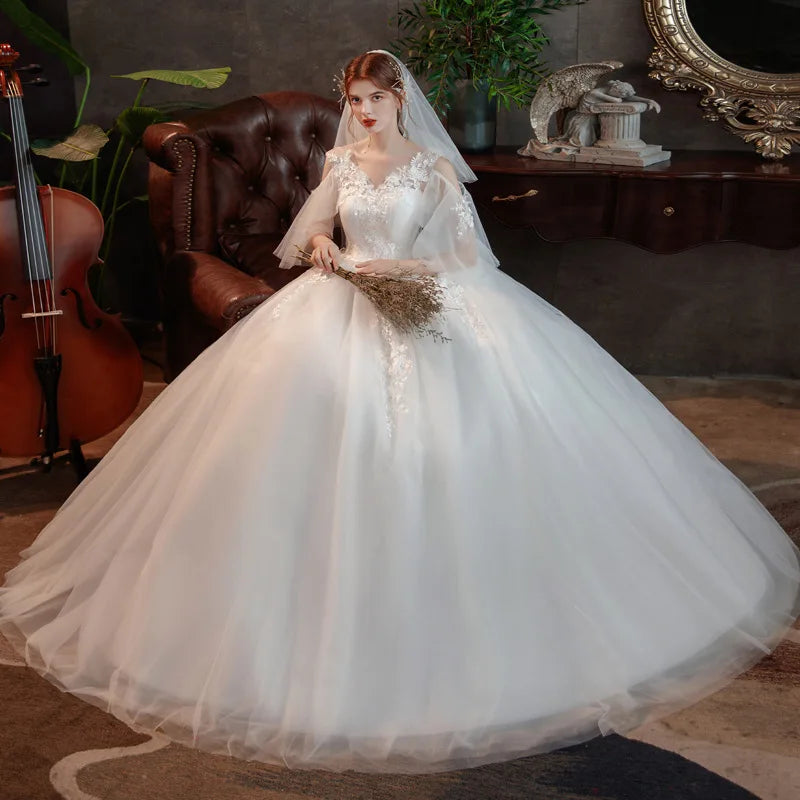 Korean style new spring Plus size wedding dress for Pregnant women long Lace appliques