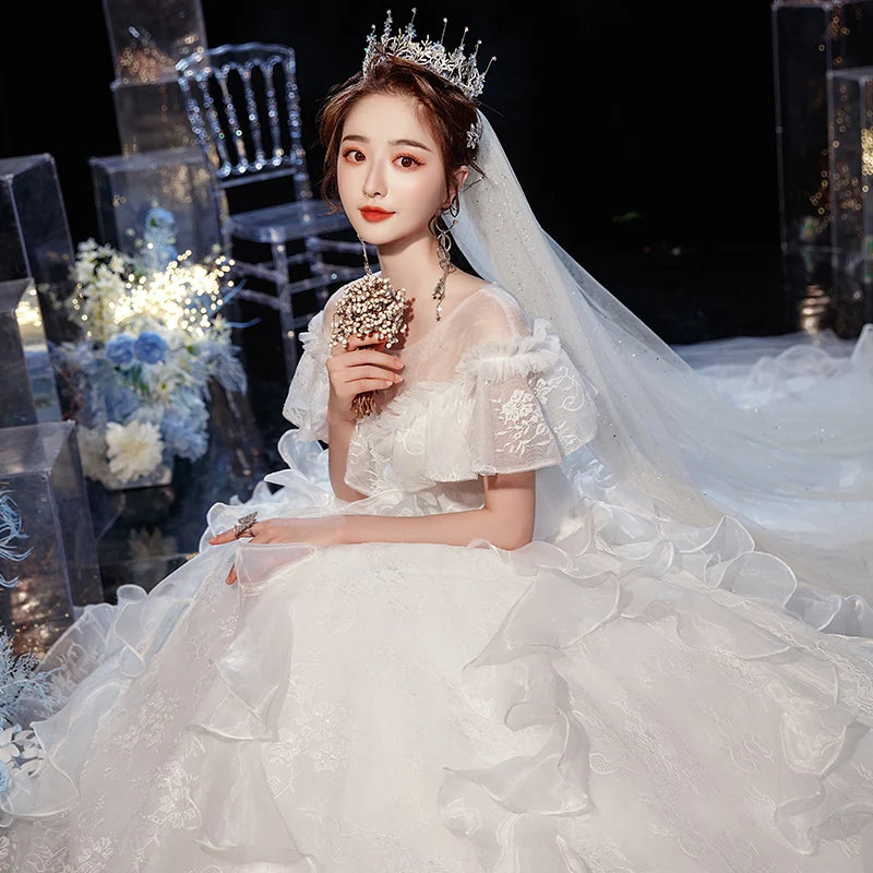 Luxury Lace Wedding Gown With Train Ball Gown Classic Cap Sleeve
