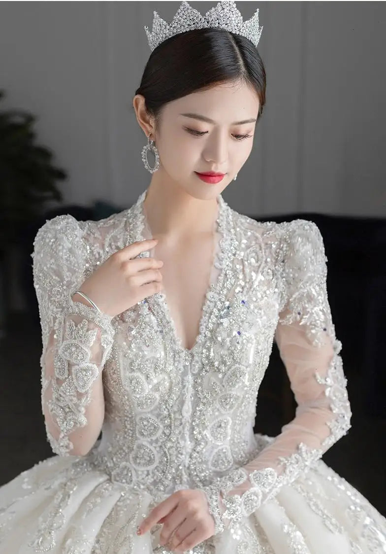 Luxury Bedading Long Sleeve Winter Wedding Dress V Neck