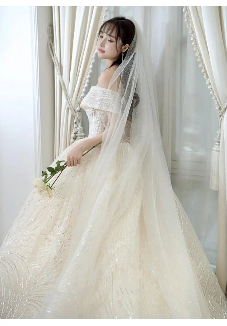 Luxury Sequins Wedding Dress Classic Boat Neck Bridal Gown Off The Shoulder