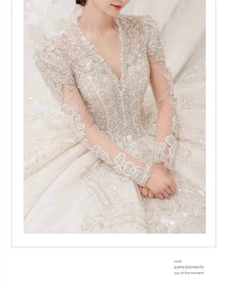 Gorgeous V Neck Illusion Full Sleeve Shining Beaded Crystal Lace Applique Wedding Party Bridal Gowns