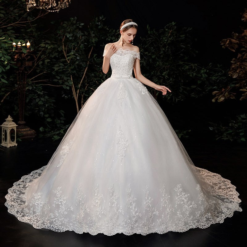 New Boat Neck Wedding Dress Sweep Brush Train Ball Gown Bridal Dress Lace Up Wedding Gowns Vestidos De Novia