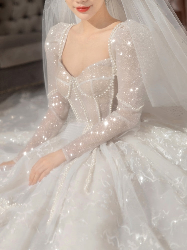 Classic Full Sleeve Wedding Dress Shining Sequins Pearl Ball Gown Plus Size Custom Made Luxury Bridal Dresses Robe De Mariee