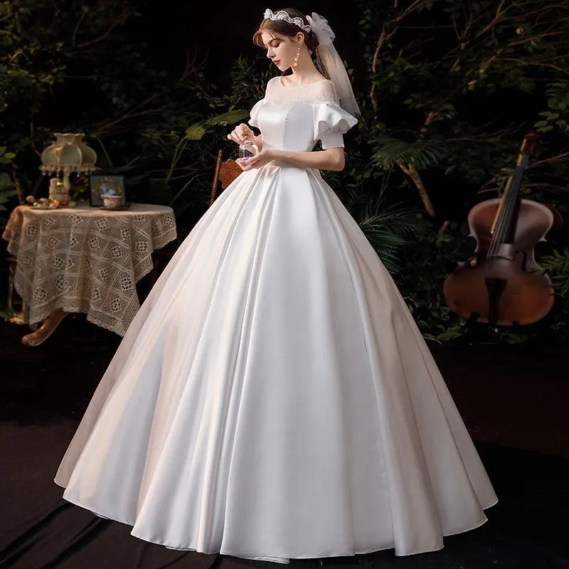 Satin Wedding Dress Puff Sleeve Classic O-neck Lace Up Ball Gown