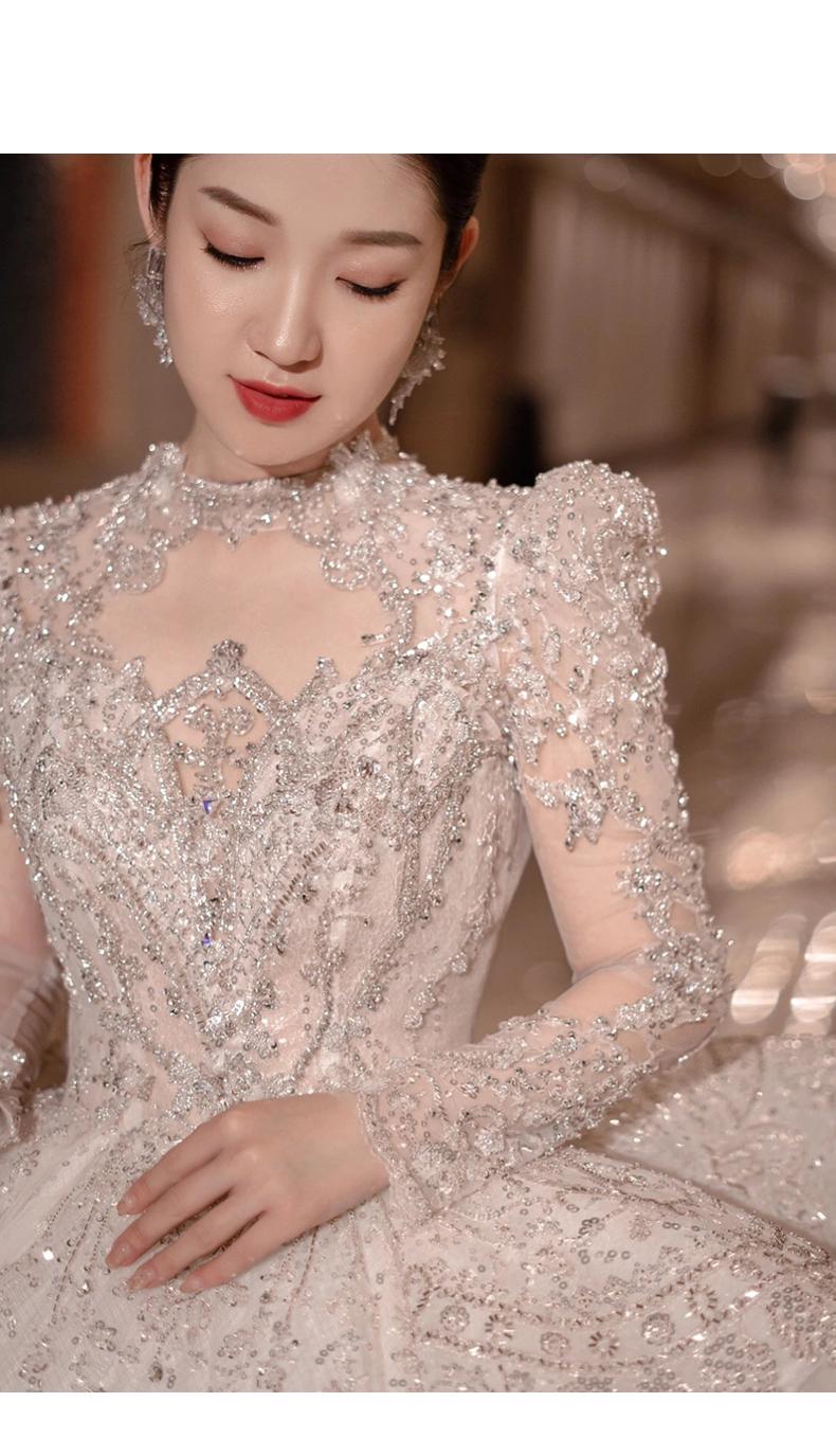 Long Train Wedding Dress Ball Gown Long Sleeve Winter Beading Wedding Gowns