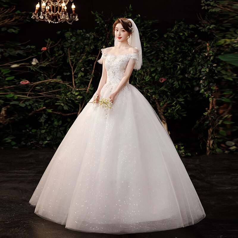 Boat Neck Wedding Dress Shining Sequins Wedding Gown