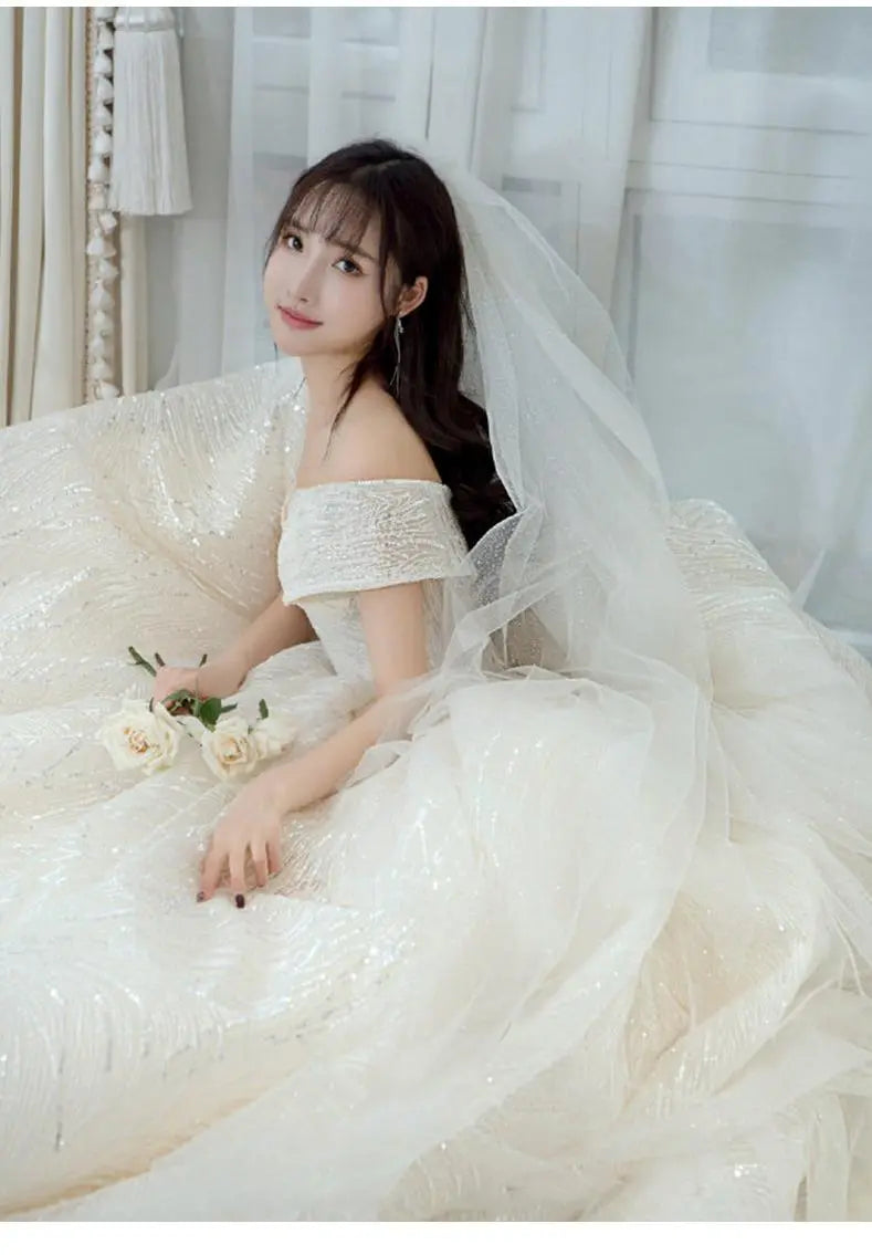 Luxury Sequins Wedding Dress Classic Boat Neck Bridal Gown Off The Shoulder