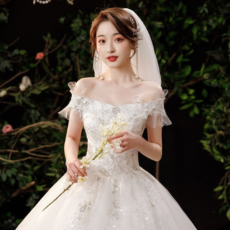 Boat Neck Wedding Dress Shining Sequins Wedding Gown