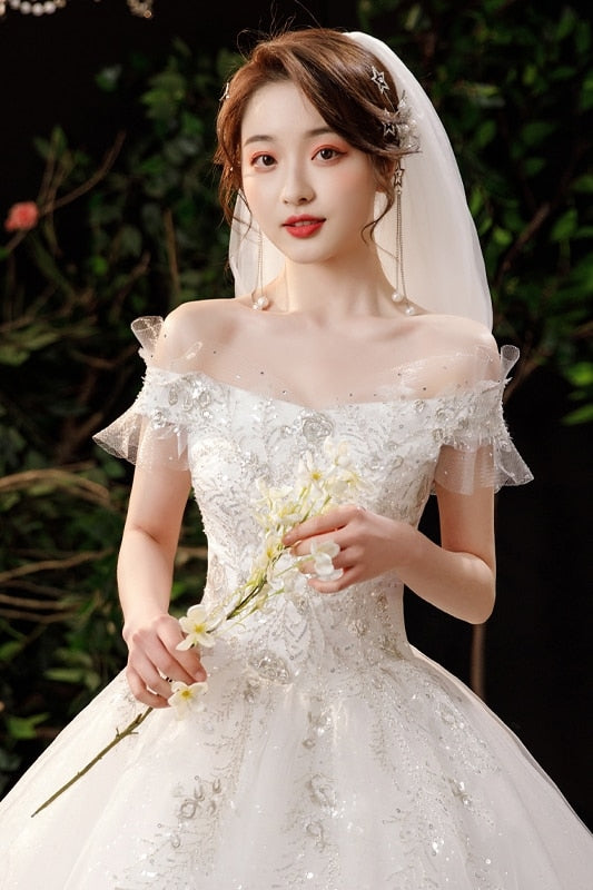 Boat Neck Wedding Dress Shining Sequins Wedding Gown