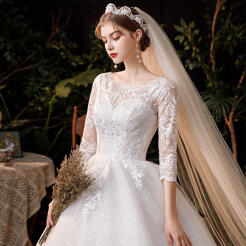 Boat Neck With Train Three Quarter Sleeve Lace Up Bridal Ball Gown