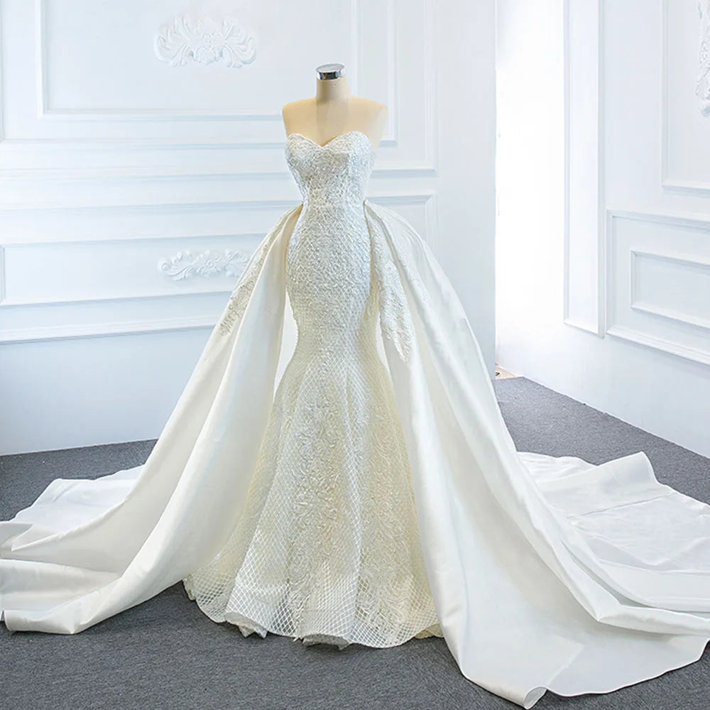 2 Pieces Pearls Lace Mermaid Wedding Dress With Detachable Chapel Train