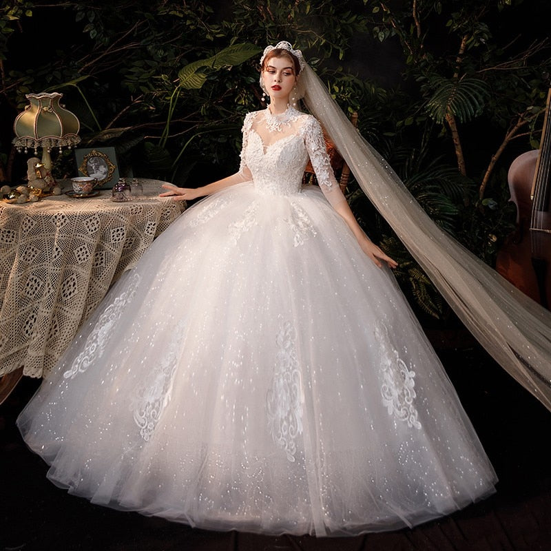 High Neck Wedding Dress Three Quarter Sleeve Lace Up Ball Gown