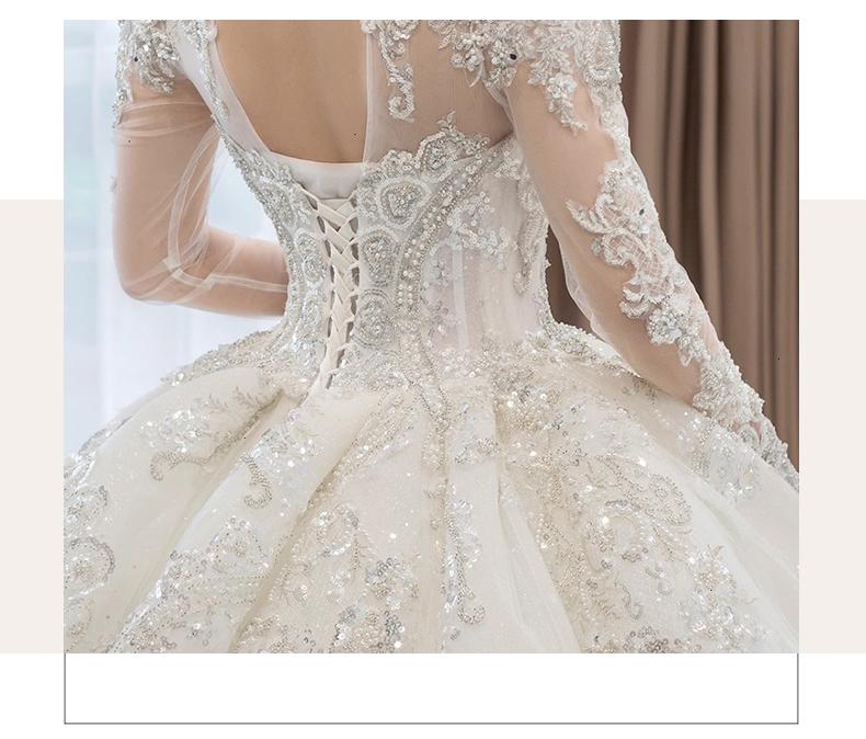 Long Sleeved Winter V Neck Luxury Long Sweep Train Beading Princes Wedding Gown