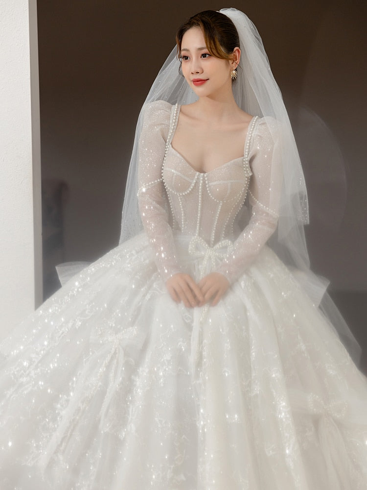 Classic Full Sleeve Wedding Dress Shining Sequins Pearl Ball Gown Plus Size Custom Made Luxury Bridal Dresses Robe De Mariee