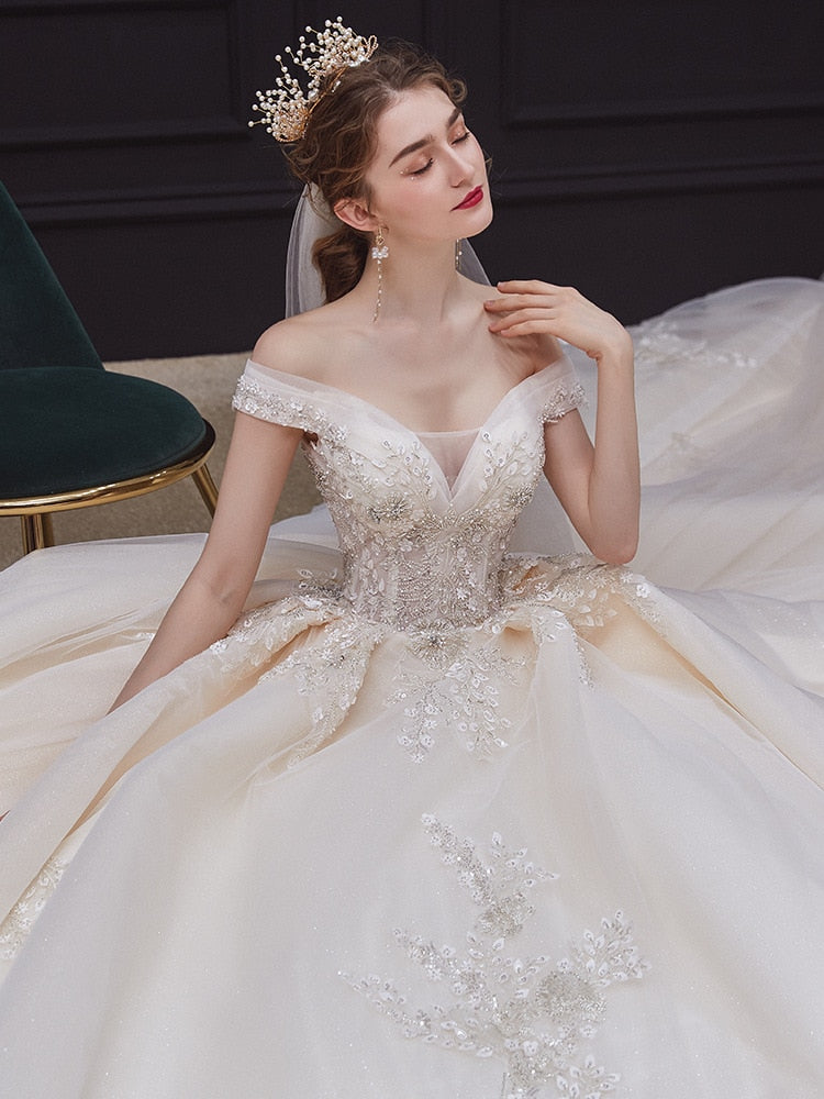 Luxury Handmade Boat Neck Wedding Dress With Train Lace Flower Bridal Dress Elegant Off The Shoulder Ball Gown