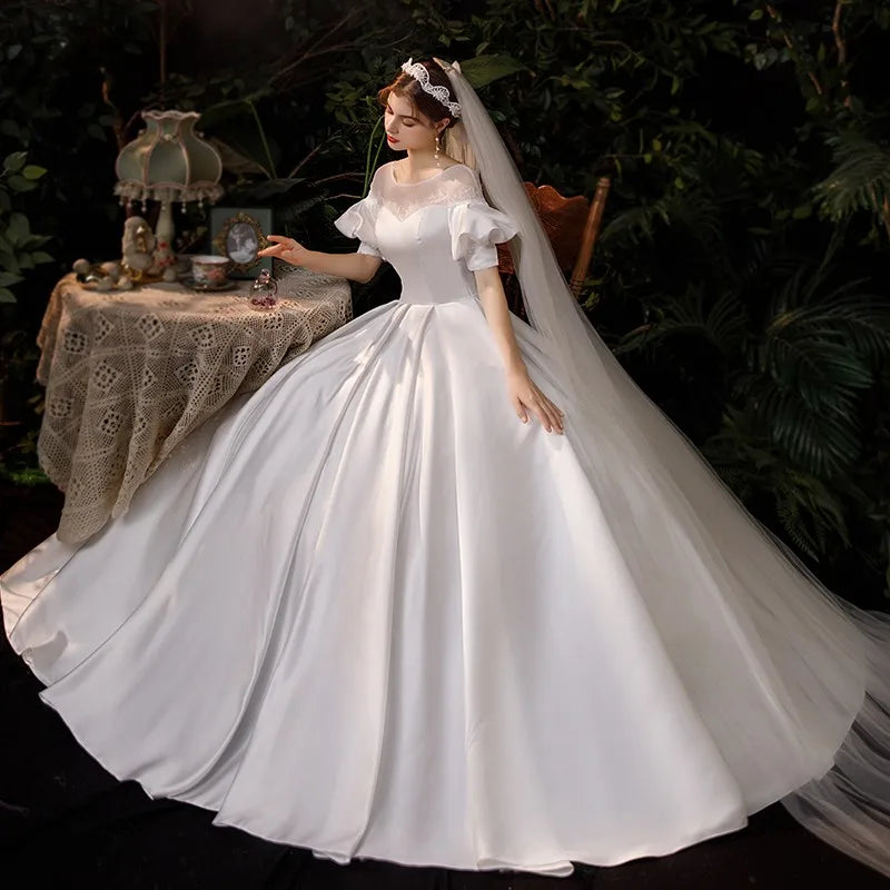 Satin Wedding Dress Puff Sleeve Classic O-neck Lace Up Ball Gown