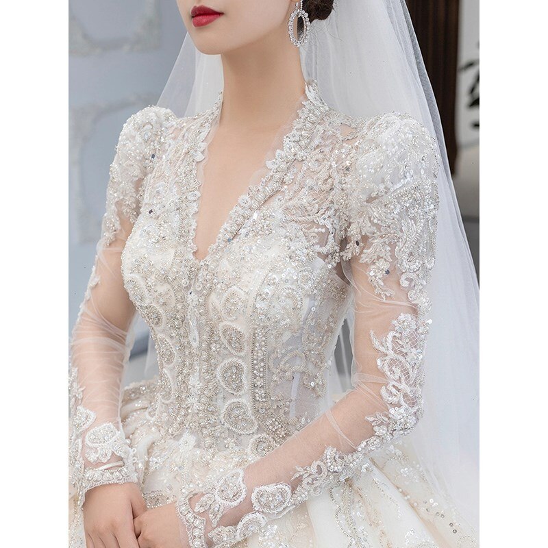 Long Sleeved Winter V Neck Luxury Long Sweep Train Beading Princes Wedding Gown