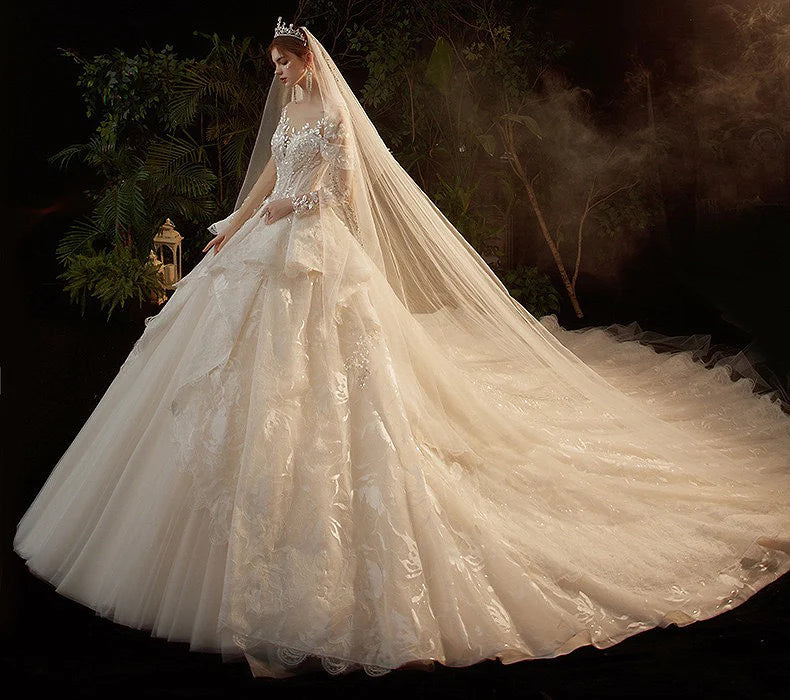 O-Neck Illusion Long Sleeve Brilliant Embroidery Lace Sequins Beading Bridal Gowns With Train