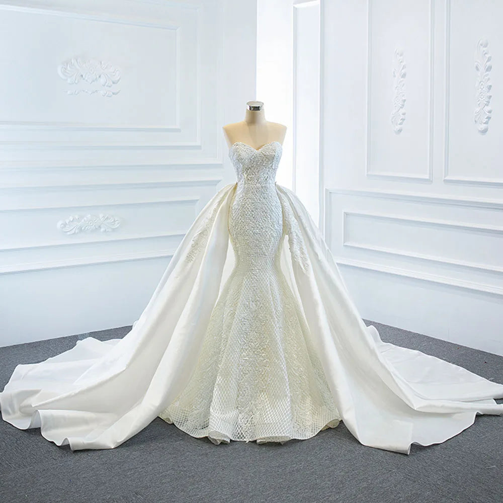2 Pieces Pearls Lace Mermaid Wedding Dress With Detachable Chapel Train