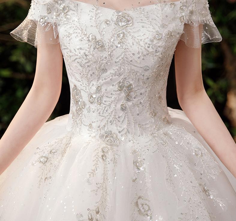 Boat Neck Wedding Dress Shining Sequins Wedding Gown
