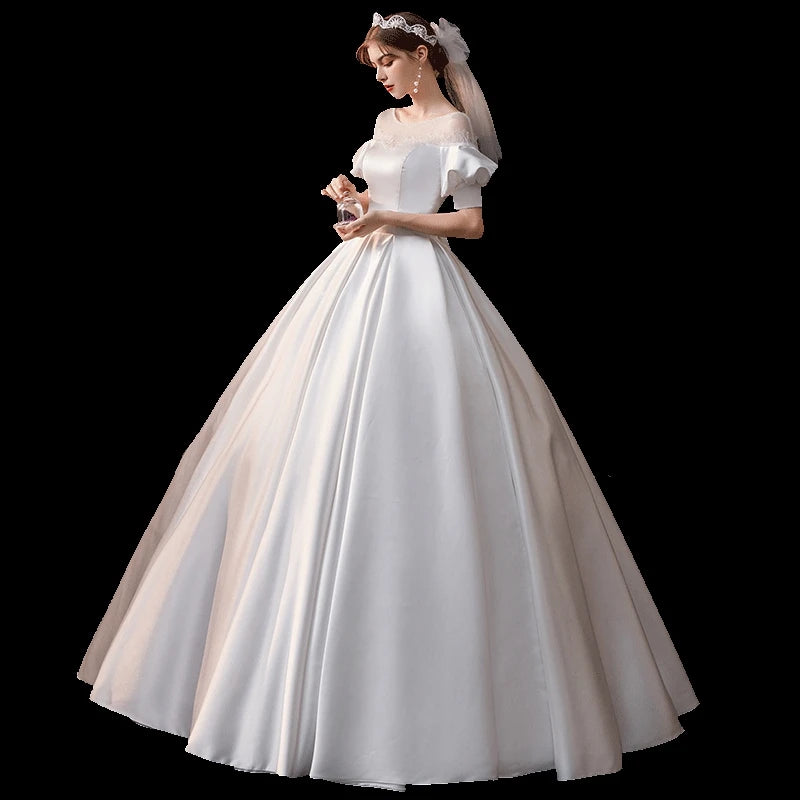 Satin Wedding Dress Puff Sleeve Classic O-neck Lace Up Ball Gown