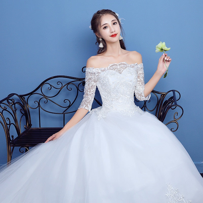 Wedding Dress 2023 Luxury Lace Half Sleeve Boat Neck Wedding Gown With Train Lace Up Vestido De Noiva Plus Size