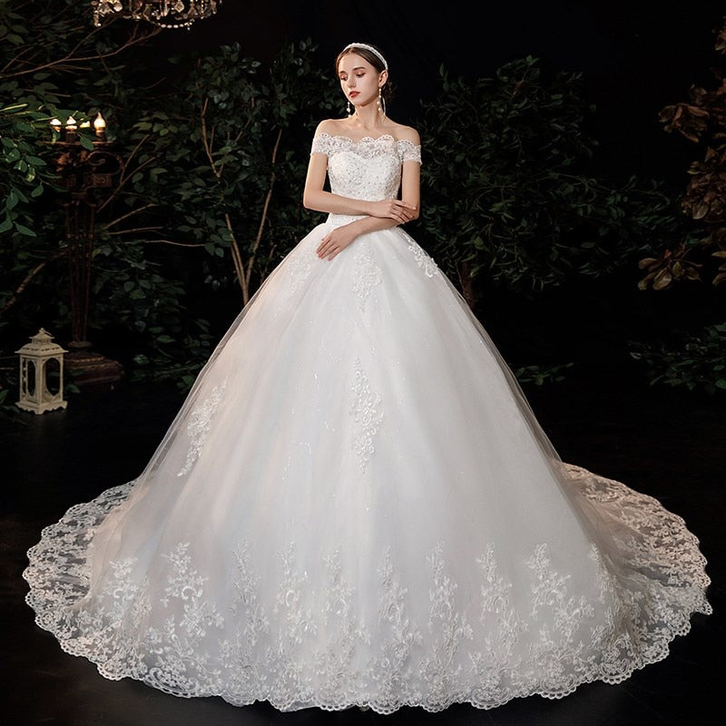 New Boat Neck Wedding Dress Sweep Brush Train Ball Gown Bridal Dress Lace Up Wedding Gowns Vestidos De Novia