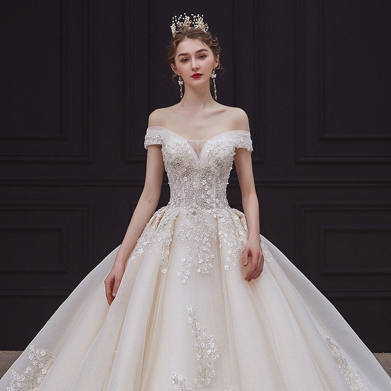 Luxury Handmade Boat Neck Wedding Dress With Train Lace Flower Bridal Dress Elegant Off The Shoulder Ball Gown