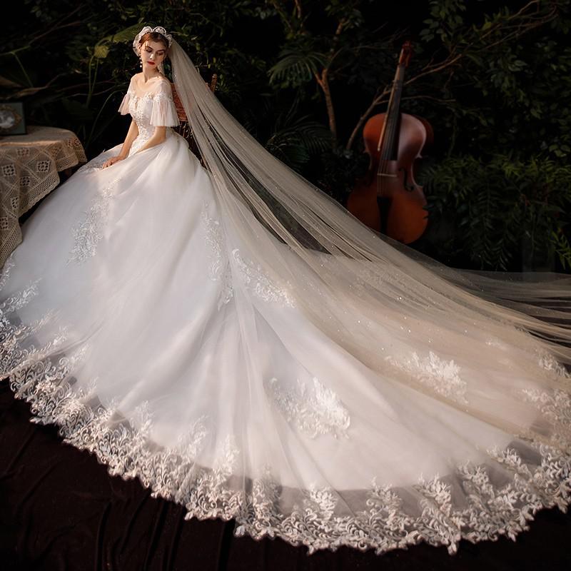 Short Sleeve Lace Wedding Dresses Luxury Bridal Lace Up Ball Gown