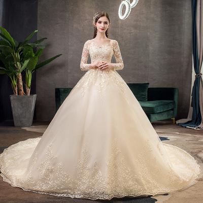 Pure White Full Sleeve Wedding Dress With Train Princess Luxury Wedding Dress