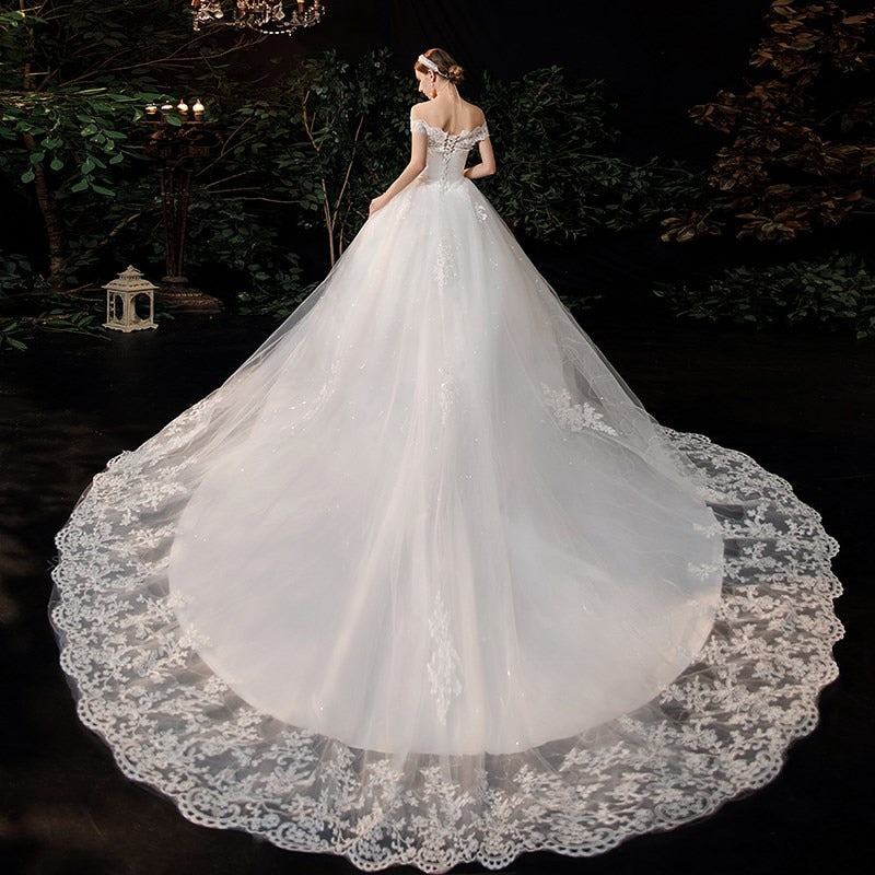 New Boat Neck Wedding Dress Sweep Brush Train Ball Gown Bridal Dress Lace Up Wedding Gowns Vestidos De Novia