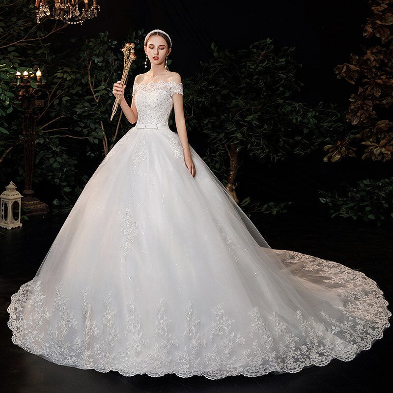 New Boat Neck Wedding Dress Sweep Brush Train Ball Gown Bridal Dress Lace Up Wedding Gowns Vestidos De Novia
