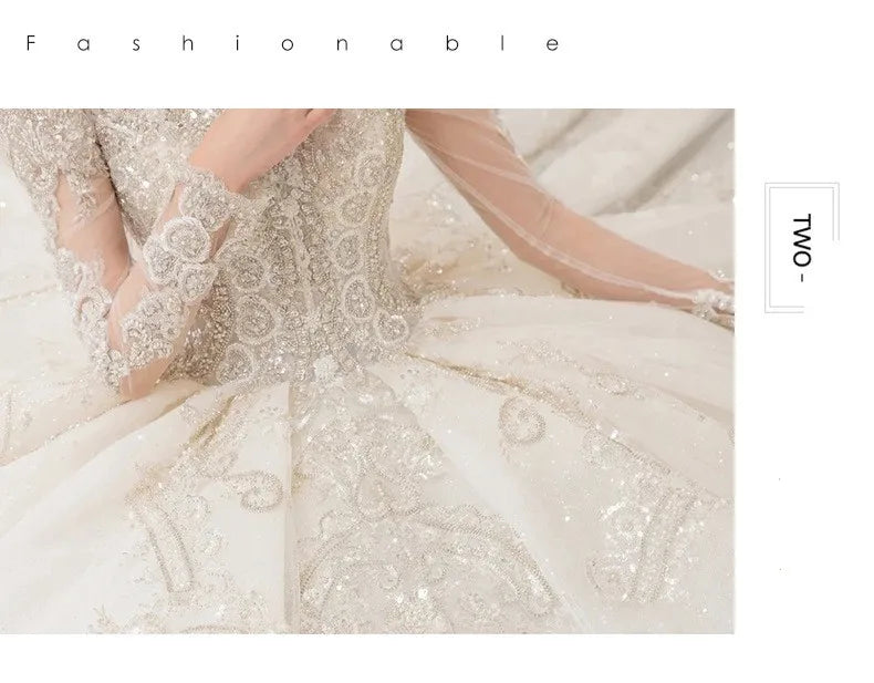 Gorgeous V Neck Illusion Full Sleeve Shining Beaded Crystal Lace Applique Wedding Party Bridal Gowns