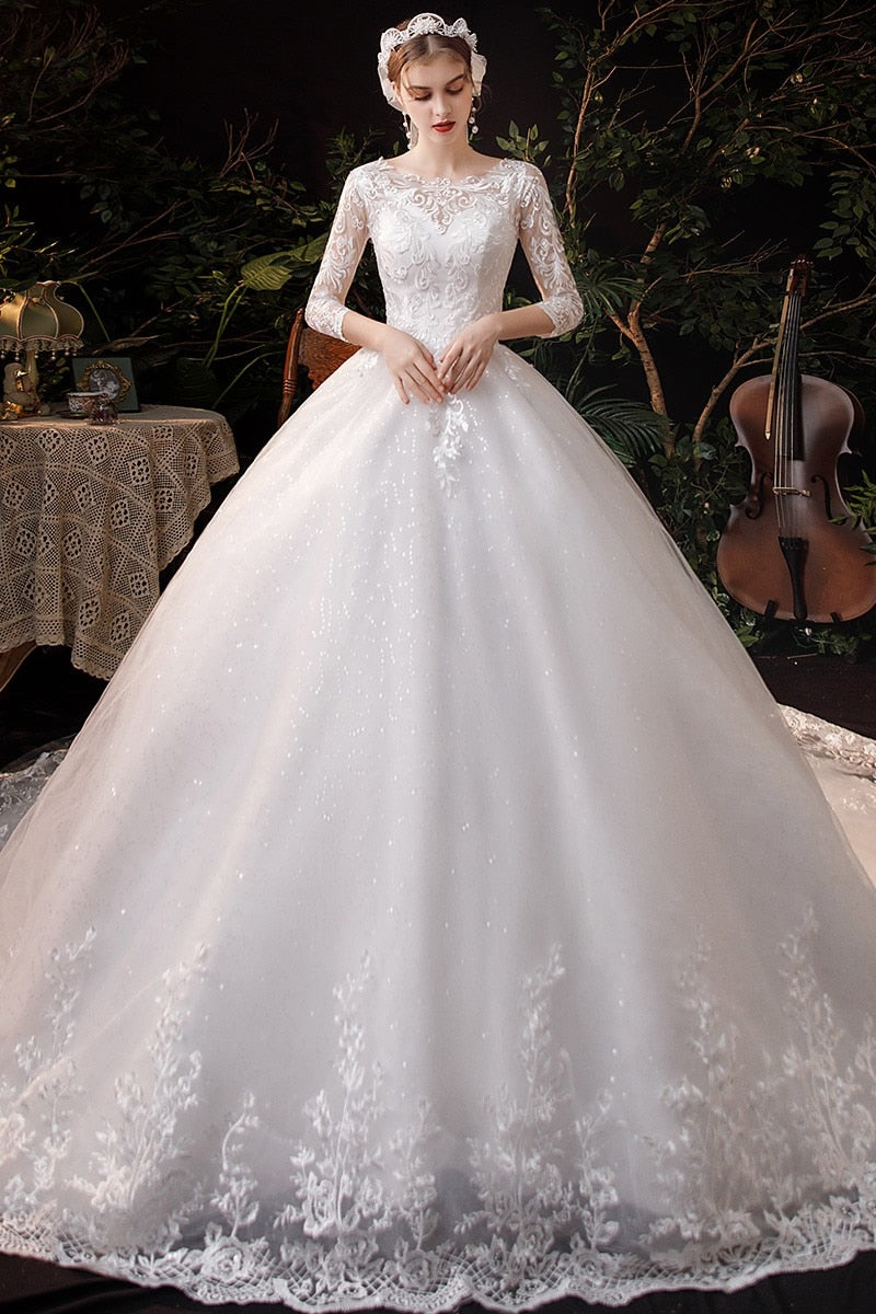 Boat Neck With Train Three Quarter Sleeve Lace Up Bridal Ball Gown
