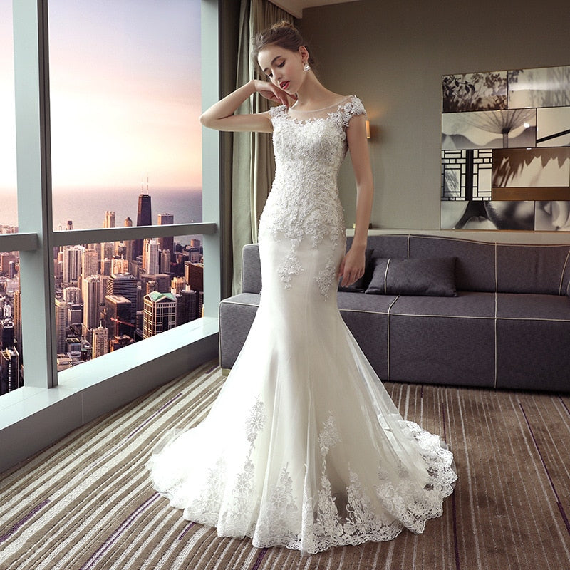 The Bridal O-neck Court Train Luxury Lace Embroidery Mermaid Princess Luxury Wedding Dress