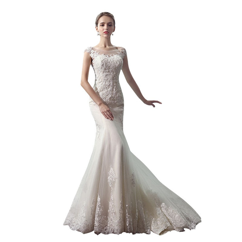 The Bridal O-neck Court Train Luxury Lace Embroidery Mermaid Princess Luxury Wedding Dress