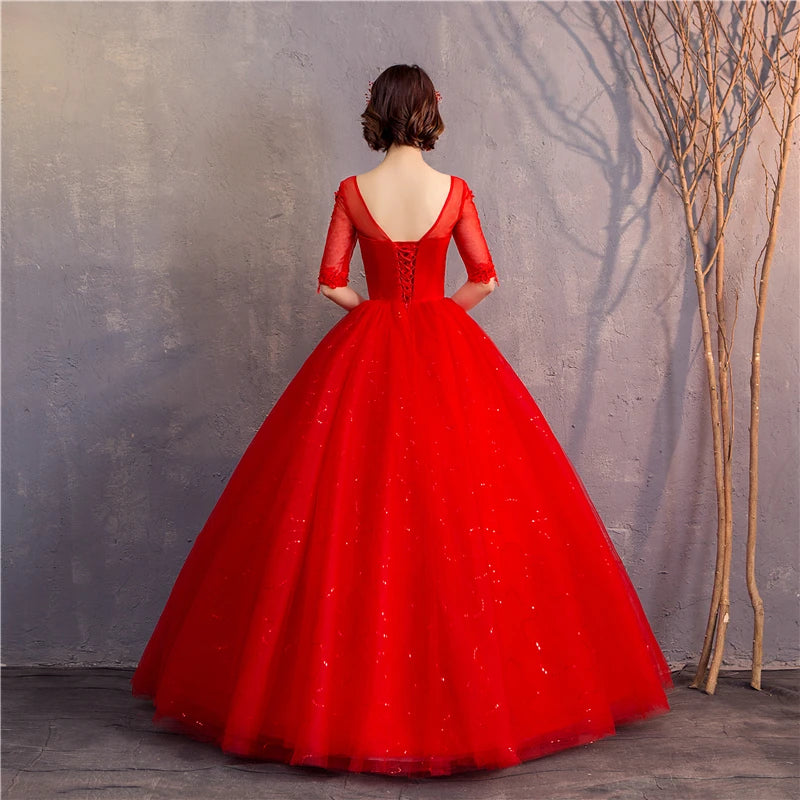 White Red Wedding Dress Sexy V-Neck Half Sleeve 100% Real Photo Lace Ball Gown Cheap Plus Size