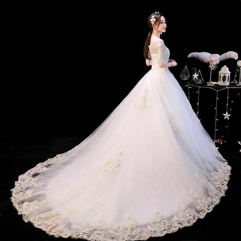Elegant Boat Neck Sweep Train Princess Wedding Gowns Champagne Lace