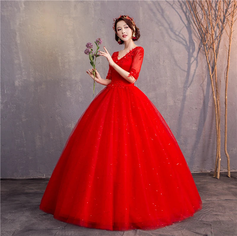 White Red Wedding Dress Sexy V-Neck Half Sleeve 100% Real Photo Lace Ball Gown Cheap Plus Size