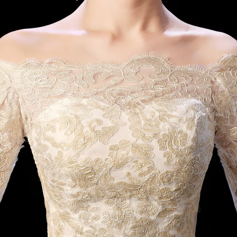 Elegant Boat Neck Sweep Train Princess Wedding Gowns Champagne Lace