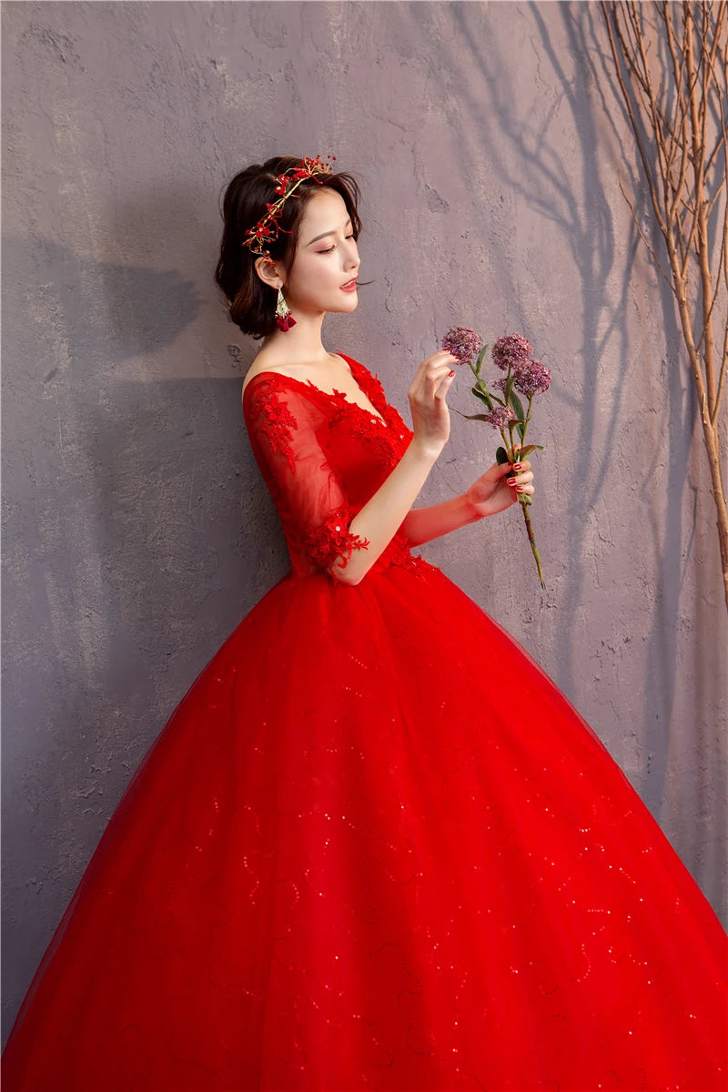 White Red Wedding Dress Sexy V-Neck Half Sleeve 100% Real Photo Lace Ball Gown Cheap Plus Size