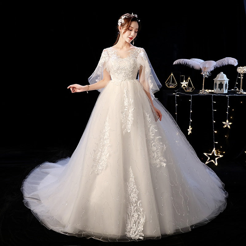 Elelgnat Court Train Batwing Sleeve Wedding Dresses