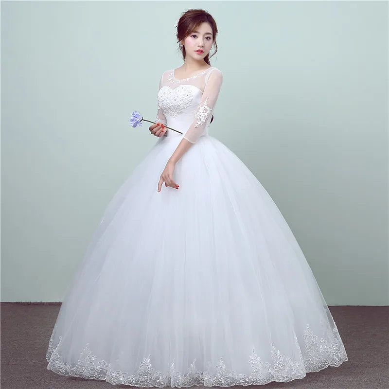 Simple Lace Three Quarter Sleeve Wedding Dress Sweet Elegant Floral Print Vestido De Noiva Bride Gown Cheap in China